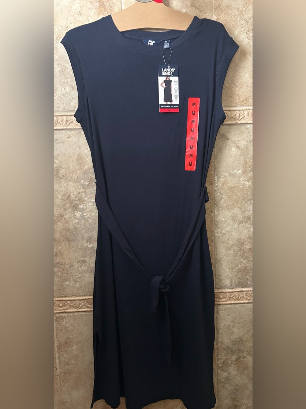 Lands End Sleeveless Rib Knit Dress Navy Medium New